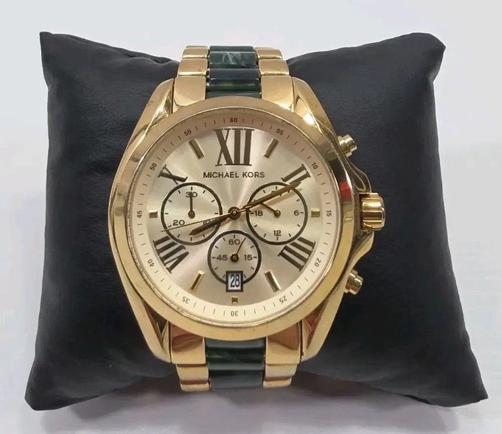 Michael Kors MK 6397 Gold Tone Bradshaw Chronograph Watch New Battery W264